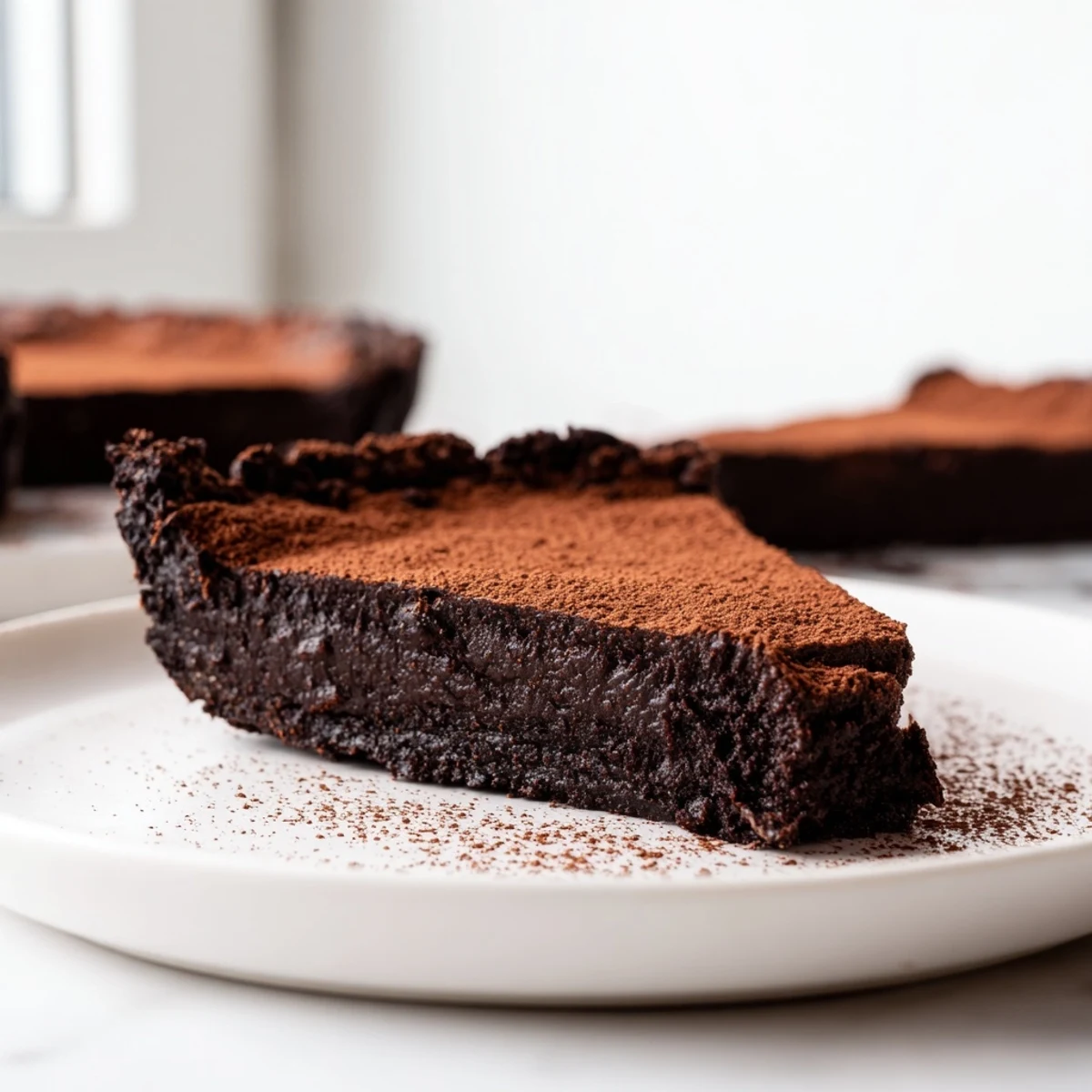 A close-up view of the Decadent Dark Chocolate Brownie Tart, showcasing its glossy, fudgy filling in a golden-brown crust, dusted with cocoa powder.