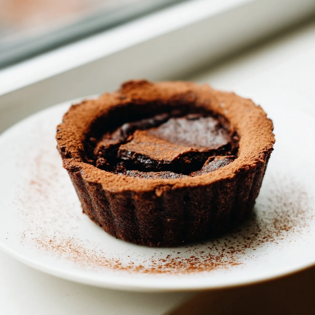 A thick slice of Decadent Dark Chocolate Brownie Tart on a white plate, paired with fresh red raspberries and a dollop of whipped cream.