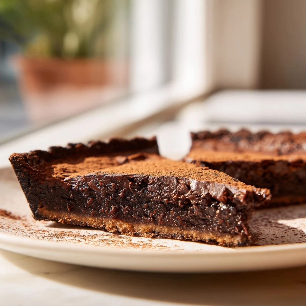 Freshly baked Decadent Dark Chocolate Brownie Tart cooling on a wire rack, highlighting the rich, dark chocolate filling and crisp pastry edges.