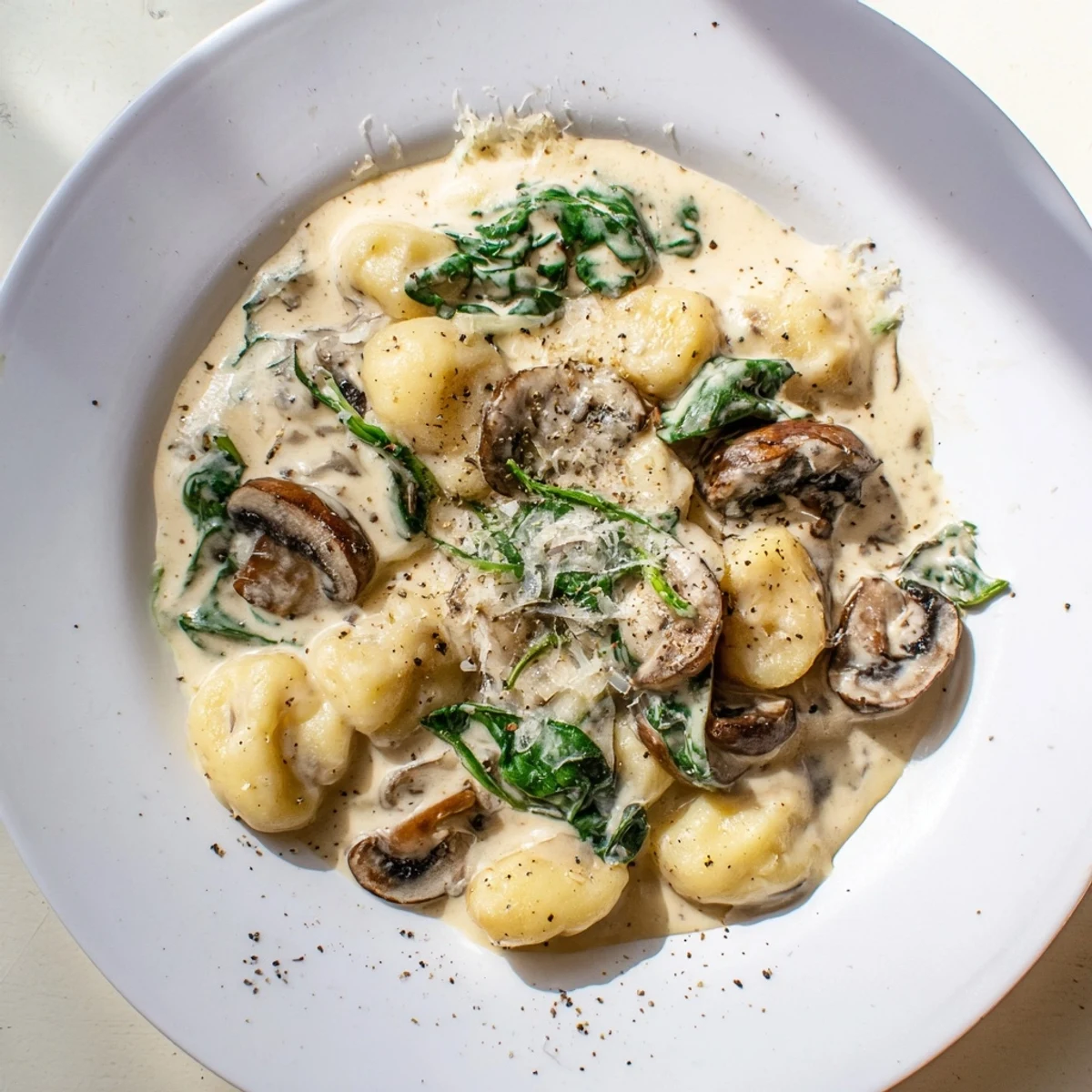 Pillowy gnocchi and sautéed mushrooms in a creamy, Parmesan-spiked sauce with wilted spinach.