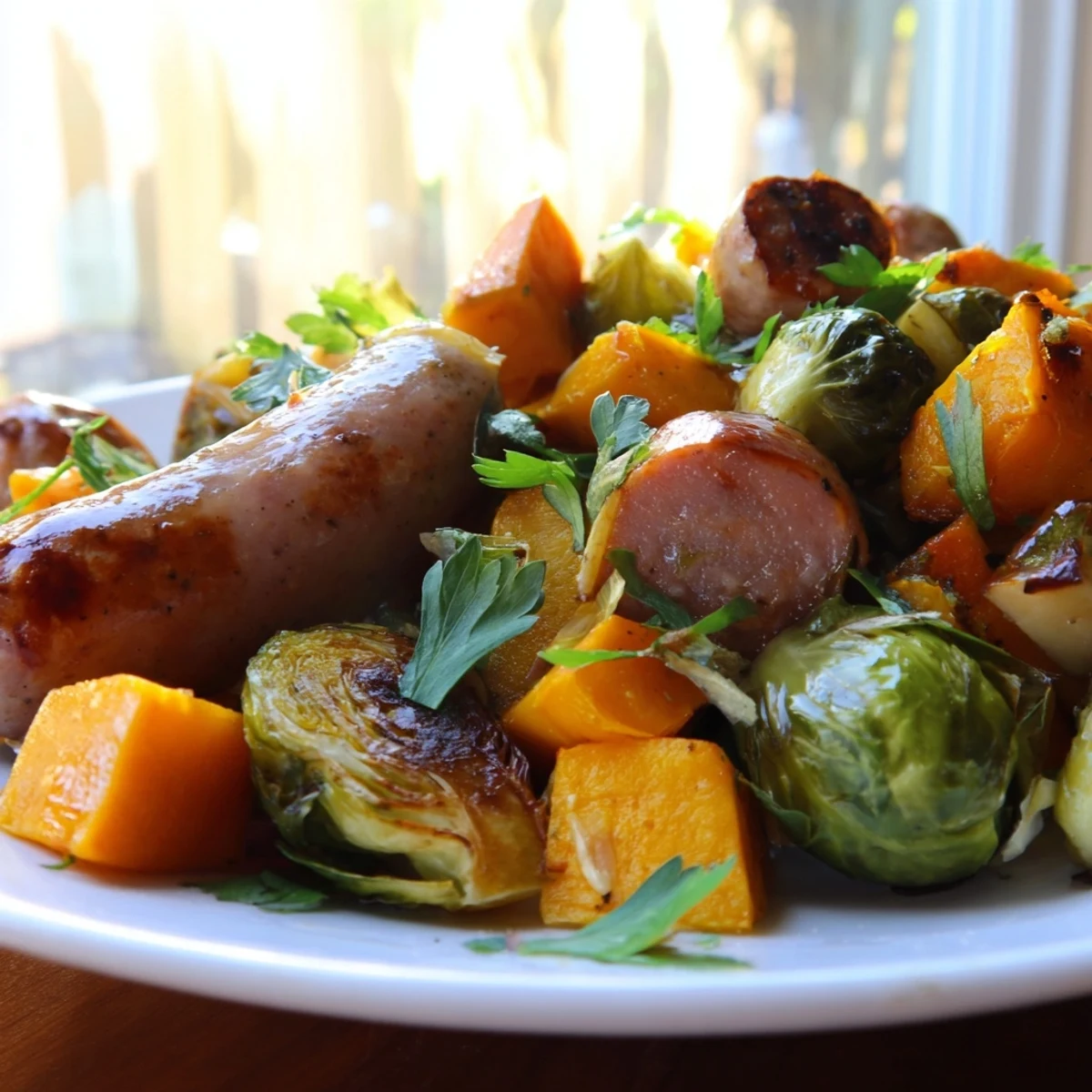 Golden roasted sausages nestled among colorful, caramelized autumn vegetables on a sheet pan, ready to serve.
