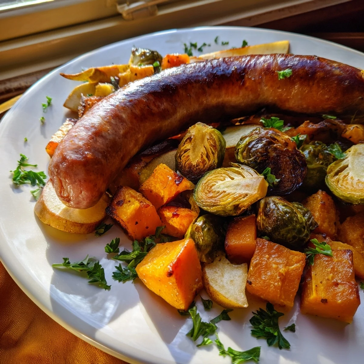 A cozy one-pan dinner features herb-seasoned sausages and tender squash, Brussels sprouts, and apples.