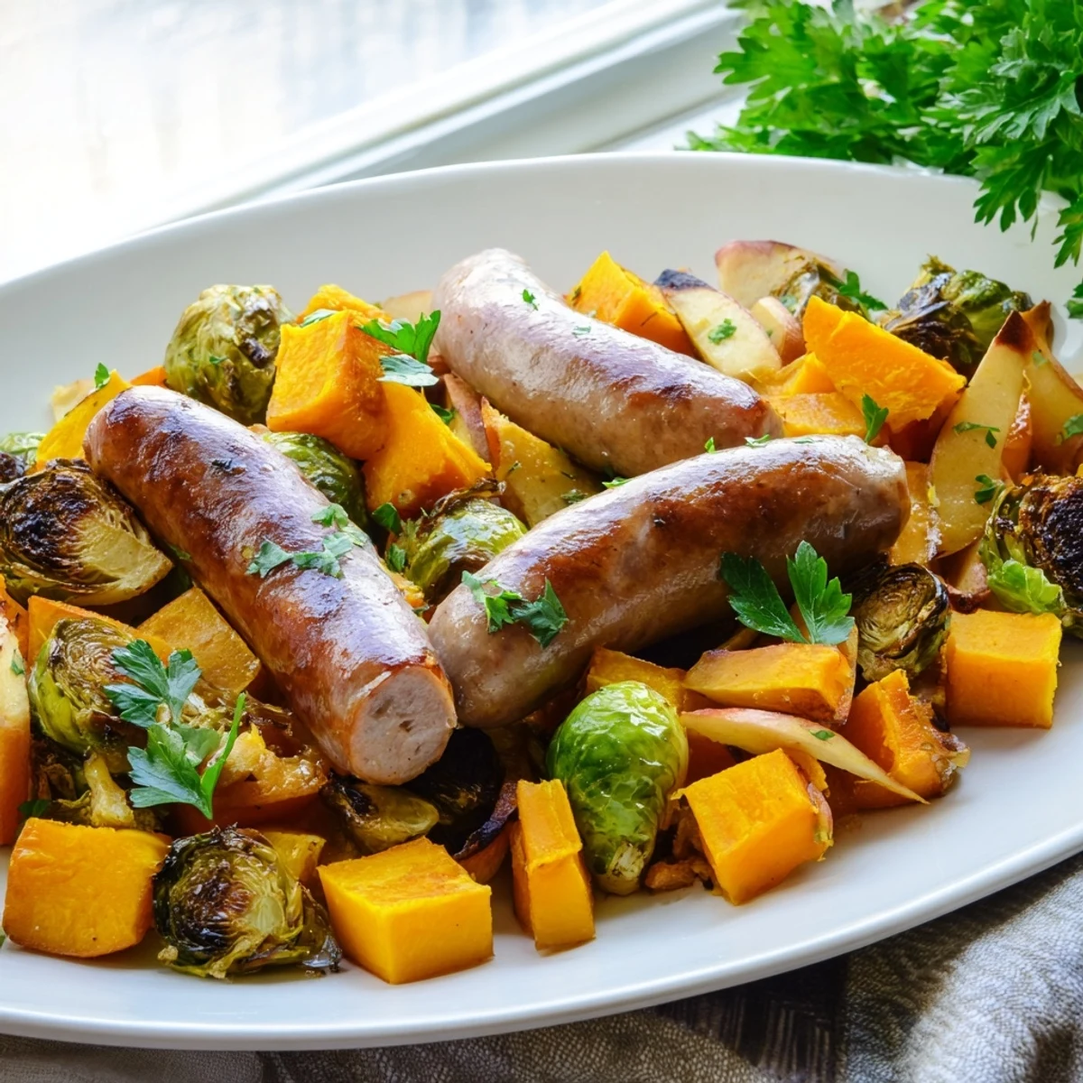 Hearty Sheet Pan Sausage and Autumn Veggie Medley with a rustic, golden-brown finish and fresh parsley garnish.