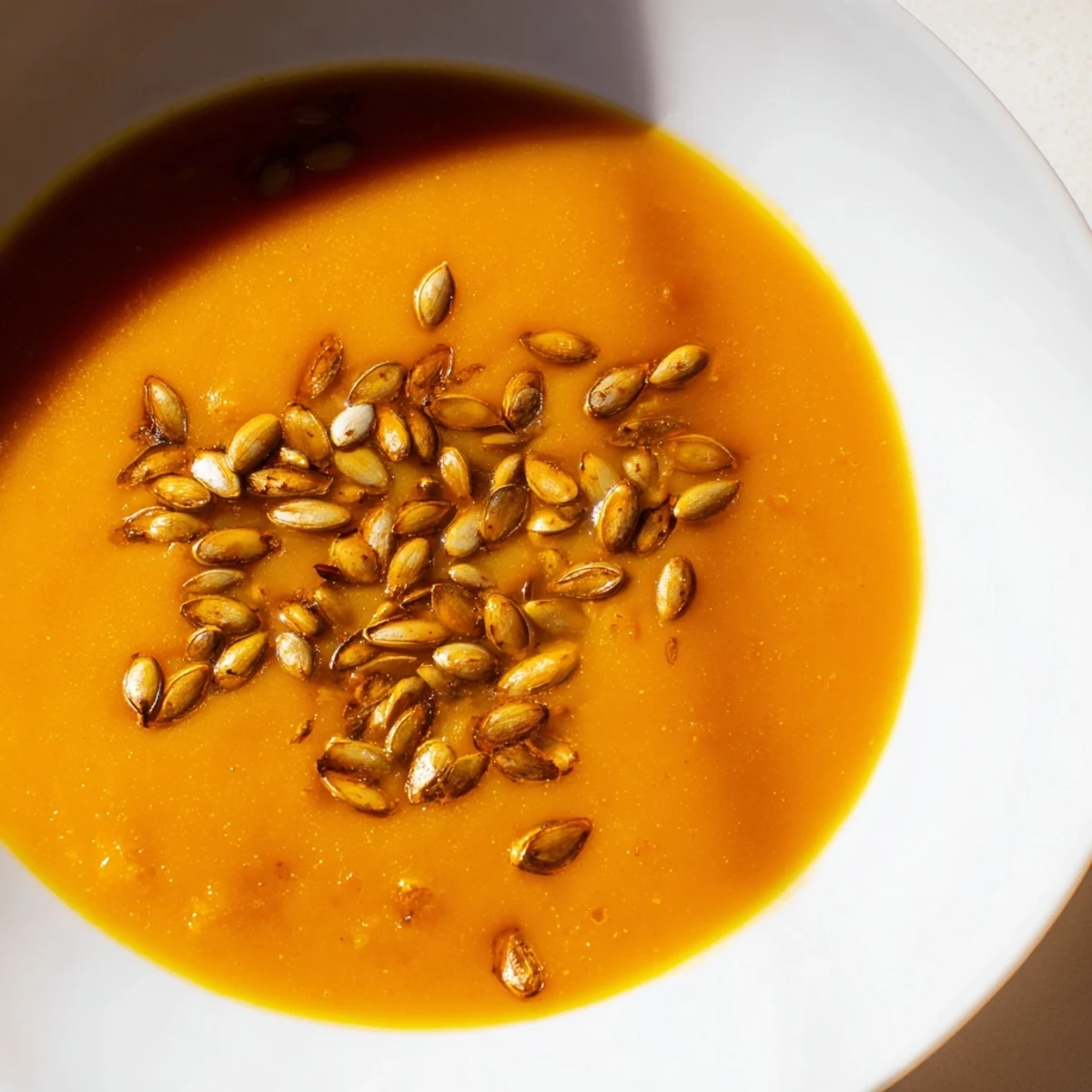 A bowl of creamy roasted pumpkin soup topped with toasted seeds, garnished with a swirl of cream and fresh herbs.