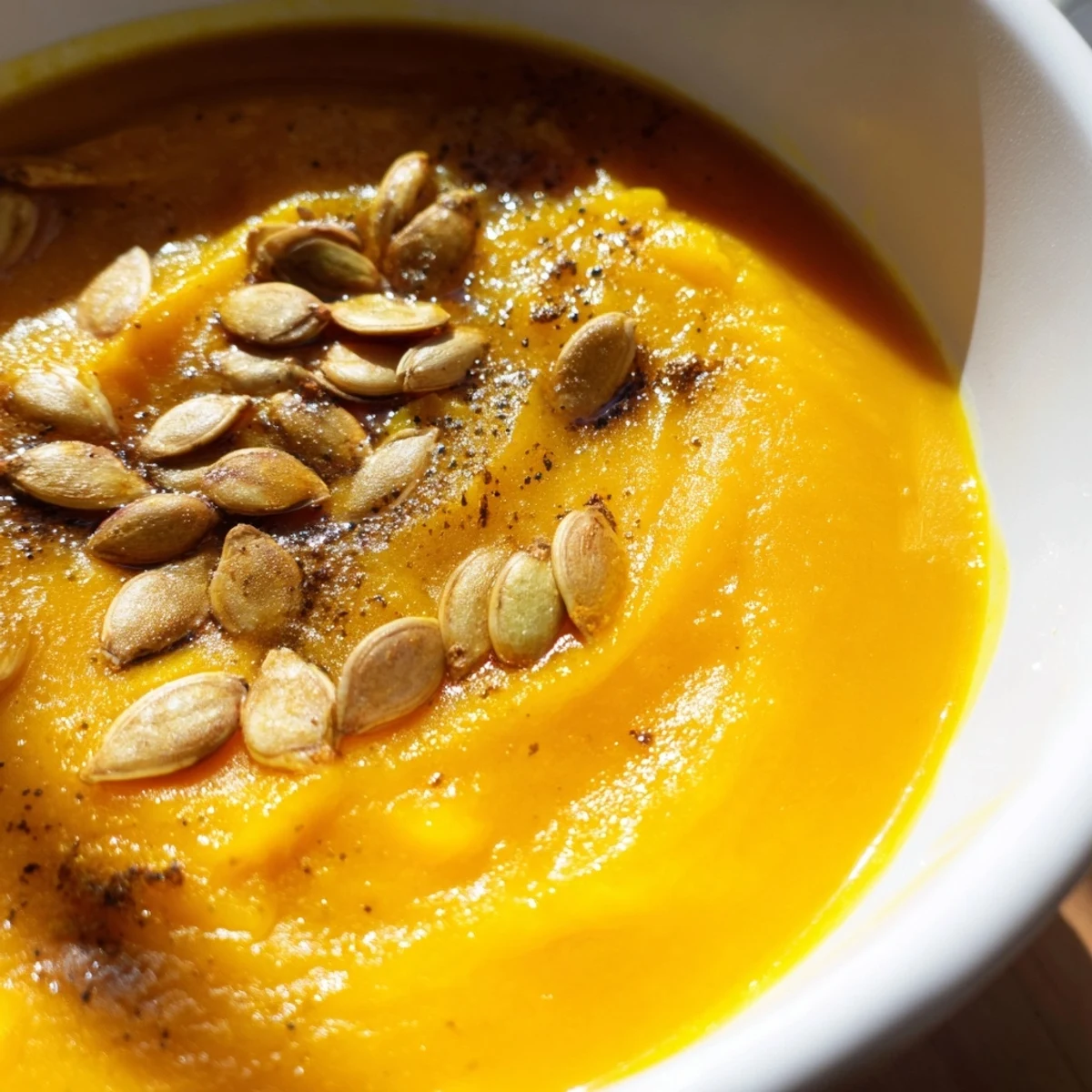 Golden, creamy pumpkin soup with aromatic spices, garnished with crunchy toasted seeds and served alongside crusty artisan bread.