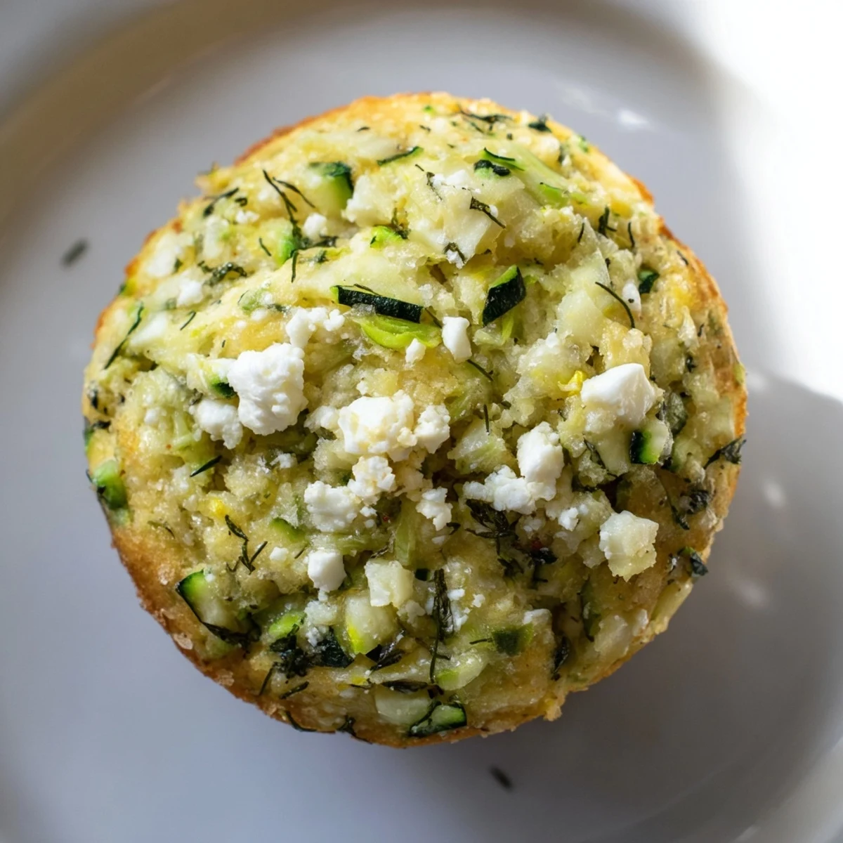 Golden-baked Savory Zucchini and Feta Muffins with a golden crust, visible flecks of green zucchini, and crumbly white feta, resting on a rustic wooden board.  