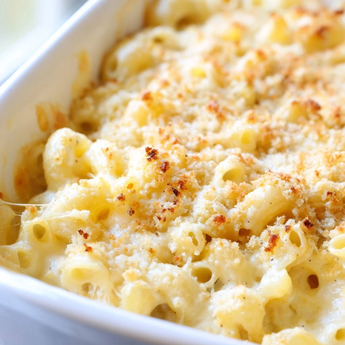 Golden, crunchy panko topping on Classic Oven-Baked Macaroni and Cheese bubbling from the oven, served alongside fresh greens.