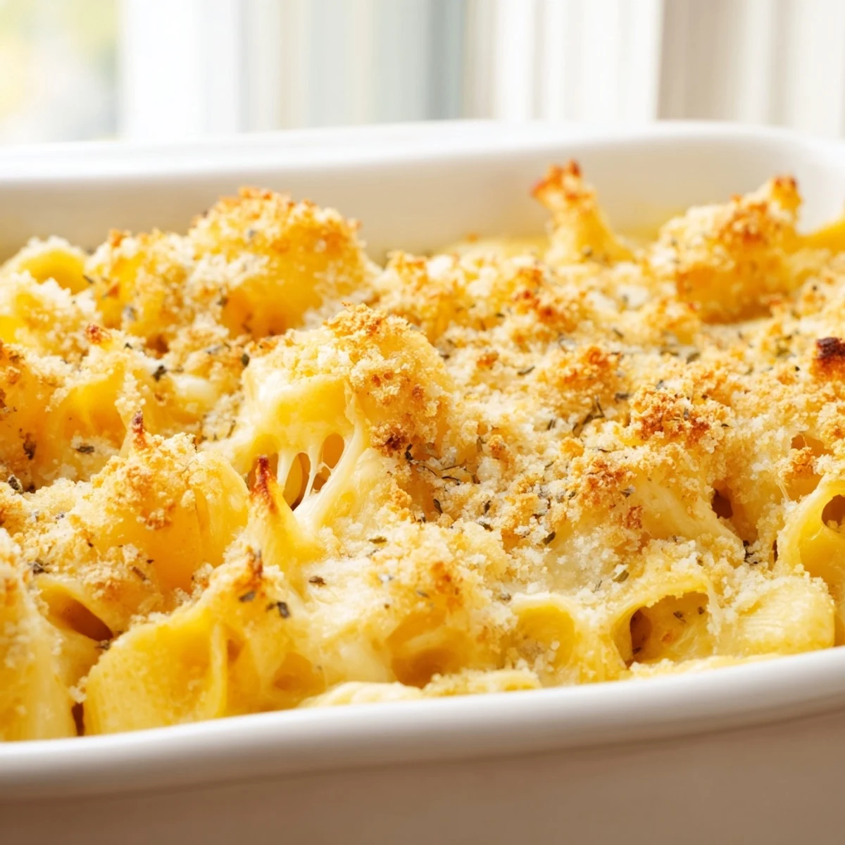 A spoon scoops into creamy, cheddar and Gruyère Classic Oven-Baked Macaroni and Cheese for a comforting family dinner.