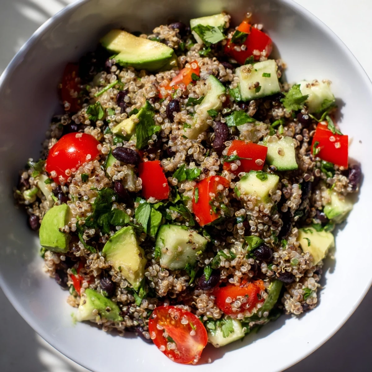 Zesty quinoa and black bean salad with avocado and cherry tomatoes, perfect for a healthy lunch.