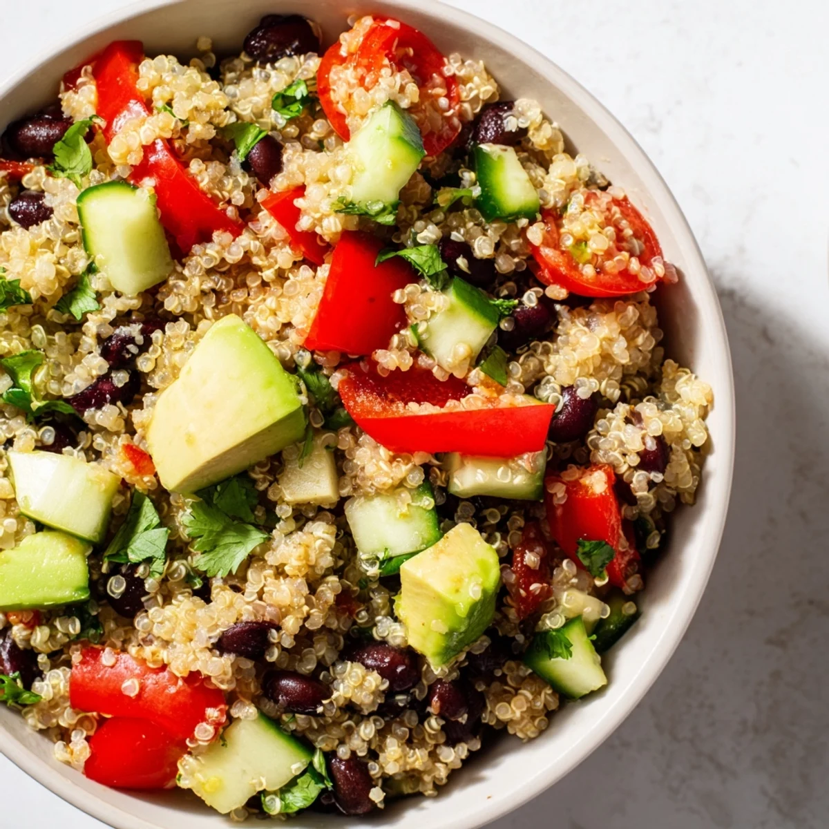Refreshing quinoa and black bean salad tossed with lime dressing, fresh cilantro, and diced red pepper.