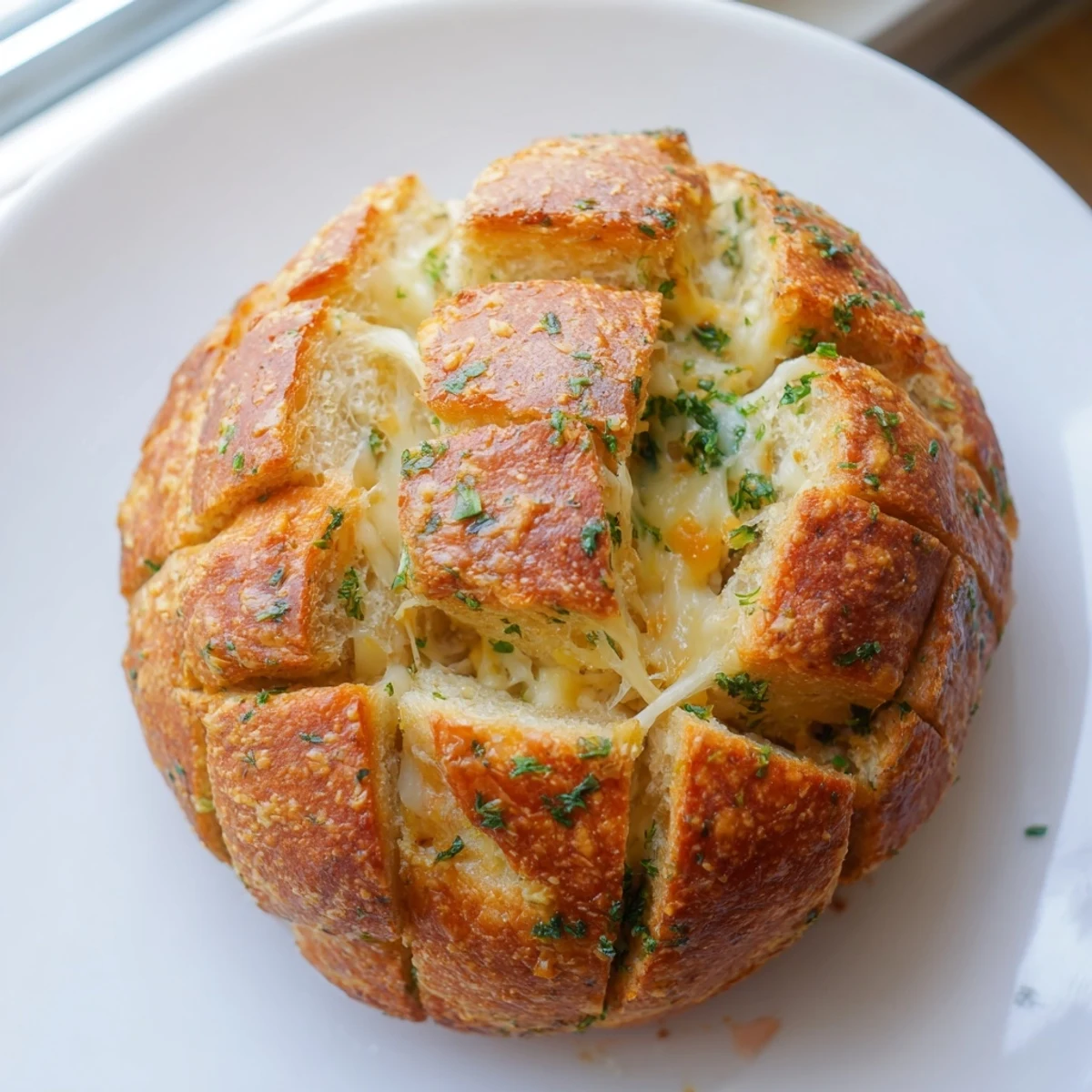 A warm, whole loaf of Cheesy Garlic Pull-Apart Bread on a wooden board, ready to be served as a savory appetizer or party snack.  
