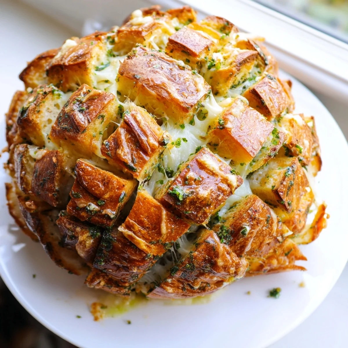 Freshly baked Cheesy Garlic Pull-Apart Bread, showcasing its crispy, buttery top crust and aromatic garlic and herb-infused interior.