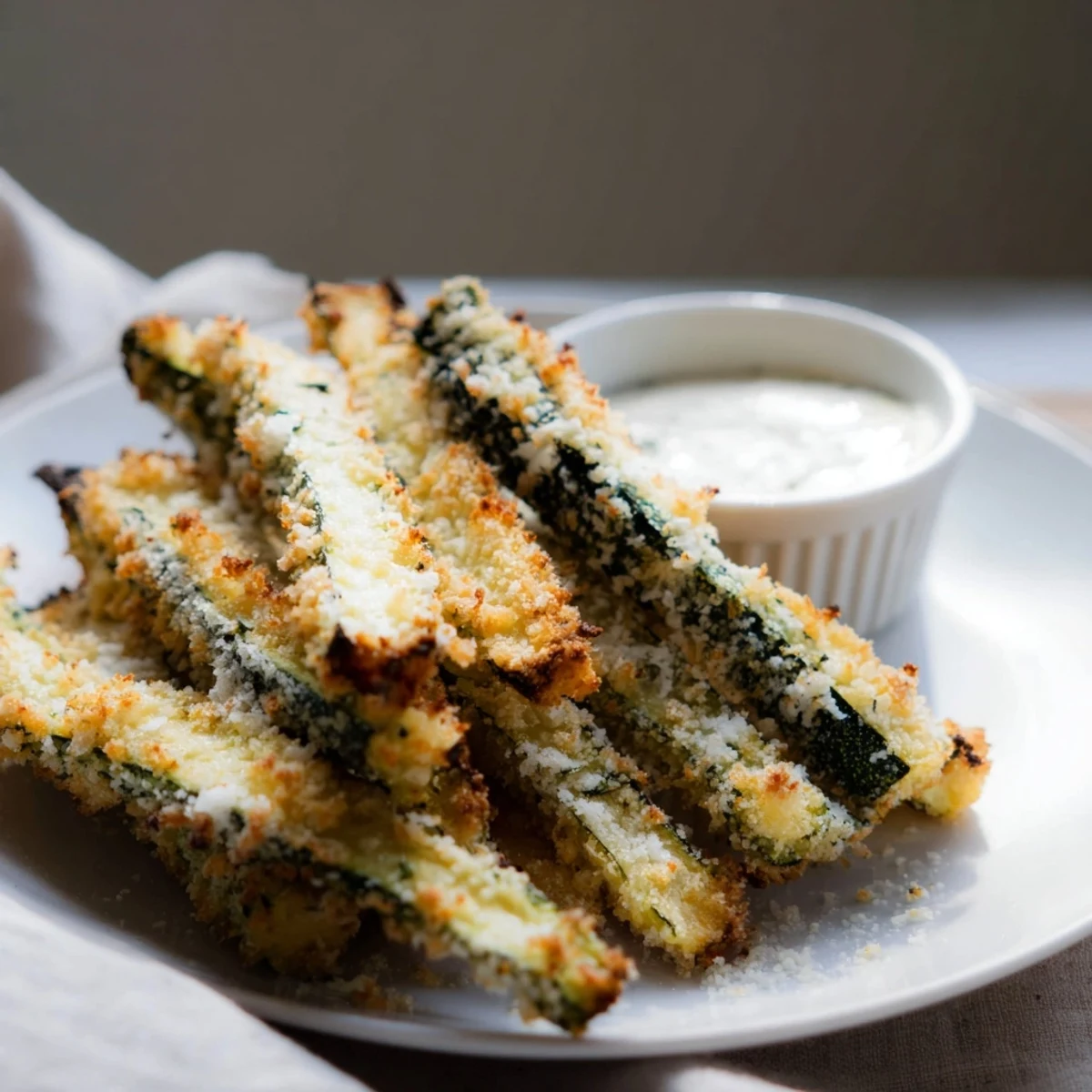 Crispy Parmesan Zucchini Fries with Dipping Sauce are golden-brown and stacked high on a white plate, ready to be dunked in the creamy sauce.