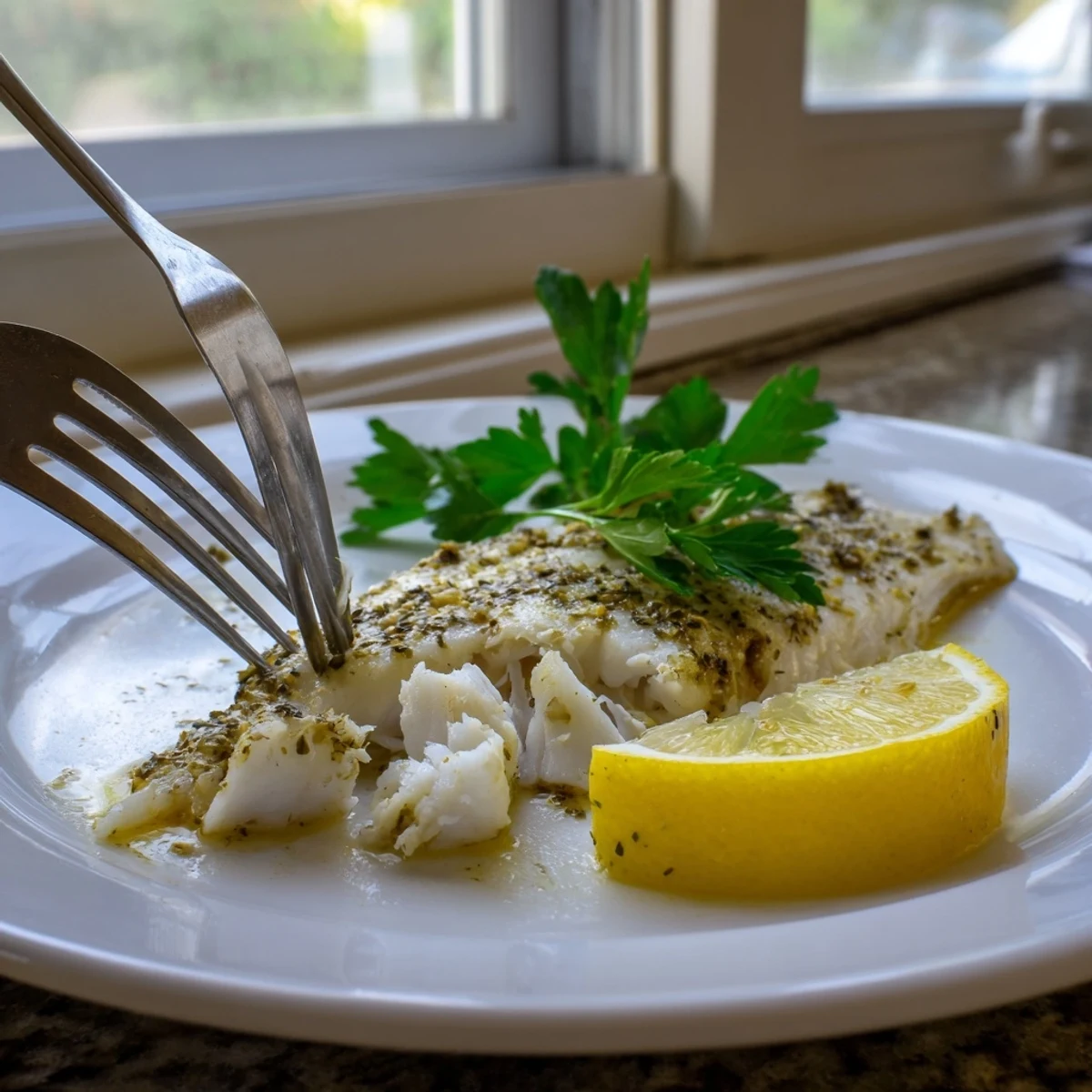 Golden-brown tilapia fillets and vibrant green beans roasted on a sheet pan, glistening with a zesty lemon-herb marinade.