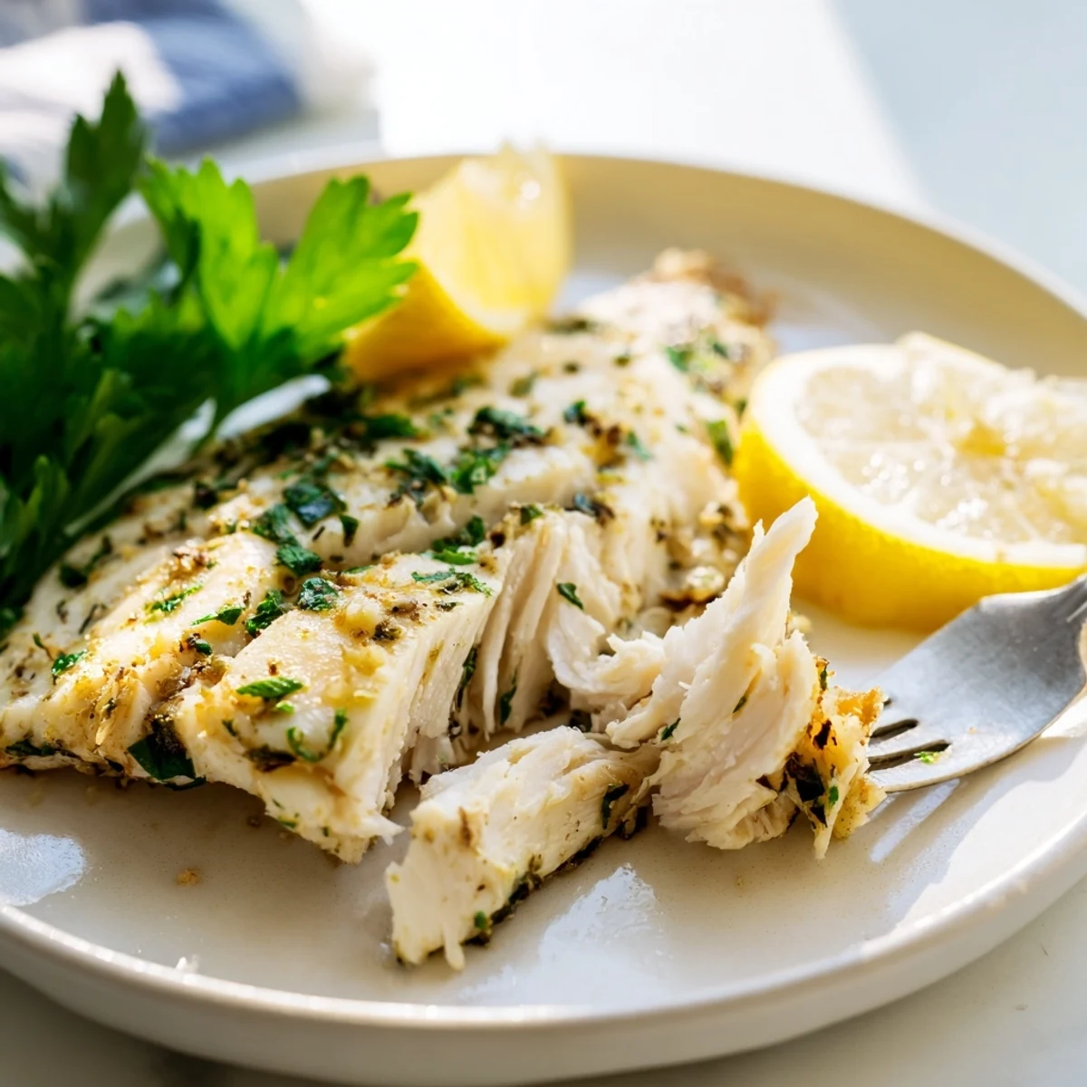 A close-up view of the Sheet Pan Lemon Herb Tilapia and Green Beans, showing flaky fish and tender-crisp vegetables.