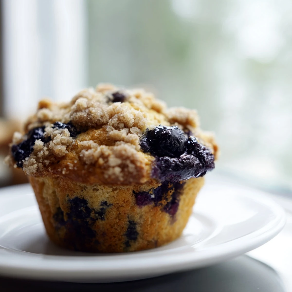 Golden brown blueberry muffins with streusel, served warm on a ceramic plate next to a cup of coffee for an inviting treat.