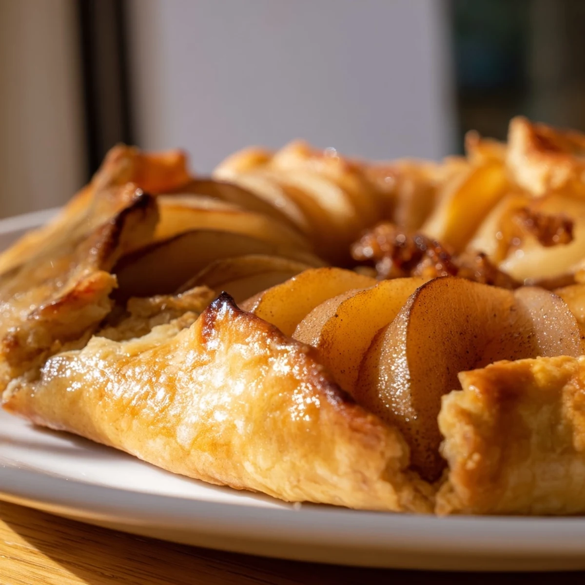 A Rustic Pear and Ginger Galette on a cooling rack, revealing the juicy, ginger-spiced pear filling wrapped in a buttery, homemade pastry crust.