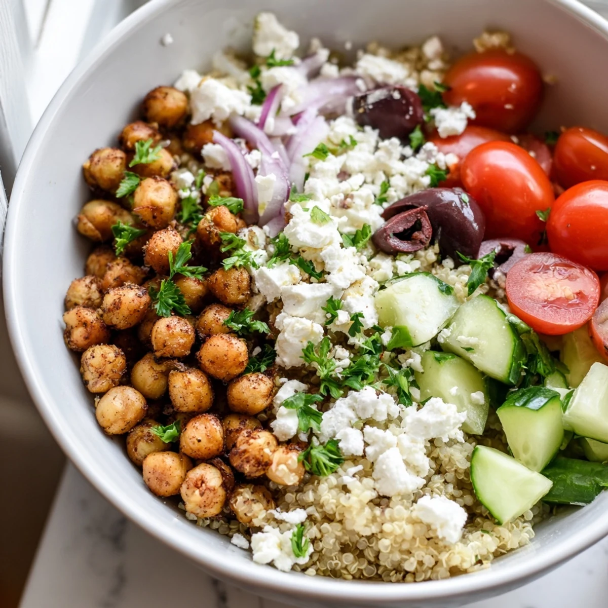 Fluffy quinoa, crispy roasted chickpeas, and tangy feta top a vibrant Mediterranean grain bowl with fresh veggies.