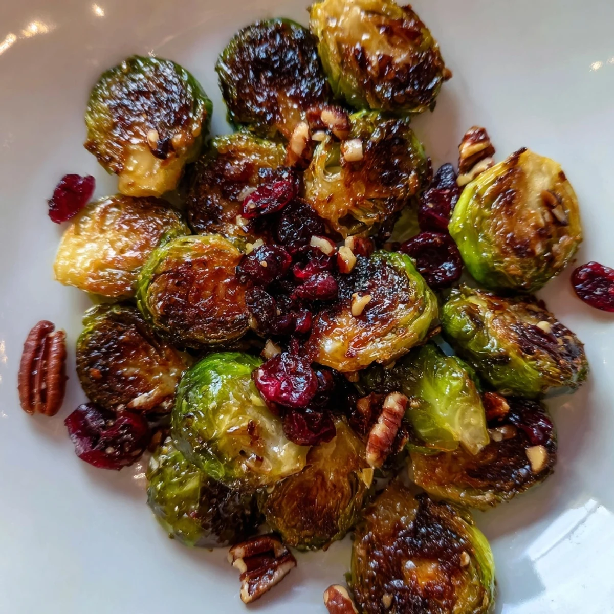Golden-brown Winter Roasted Brussels Sprouts with Balsamic and Maple glisten with glaze on a rustic wooden platter.  