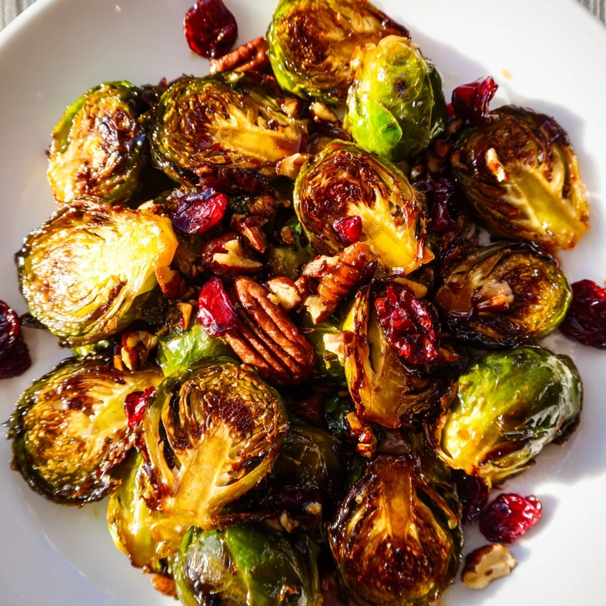 Fork-tender Winter Roasted Brussels Sprouts with Balsamic and Maple topped with pecans and cranberries beside a cozy roast.  