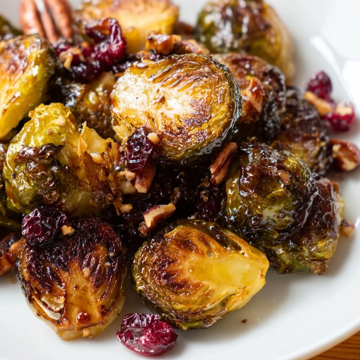 Sweet-tangy Winter Roasted Brussels Sprouts with Balsamic and Maple, garnished with nuts and cranberries, served warm on a holiday table.