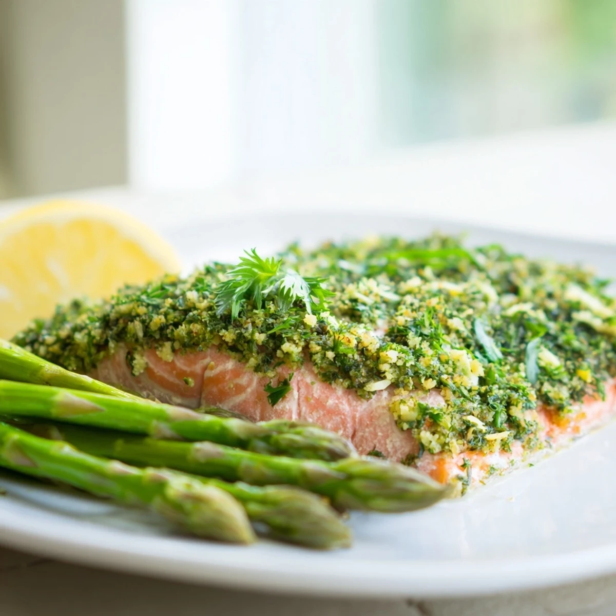 Fresh parsley and dill create a vibrant green crust on the baked salmon, paired with glistening roasted asparagus and lemon wedges.