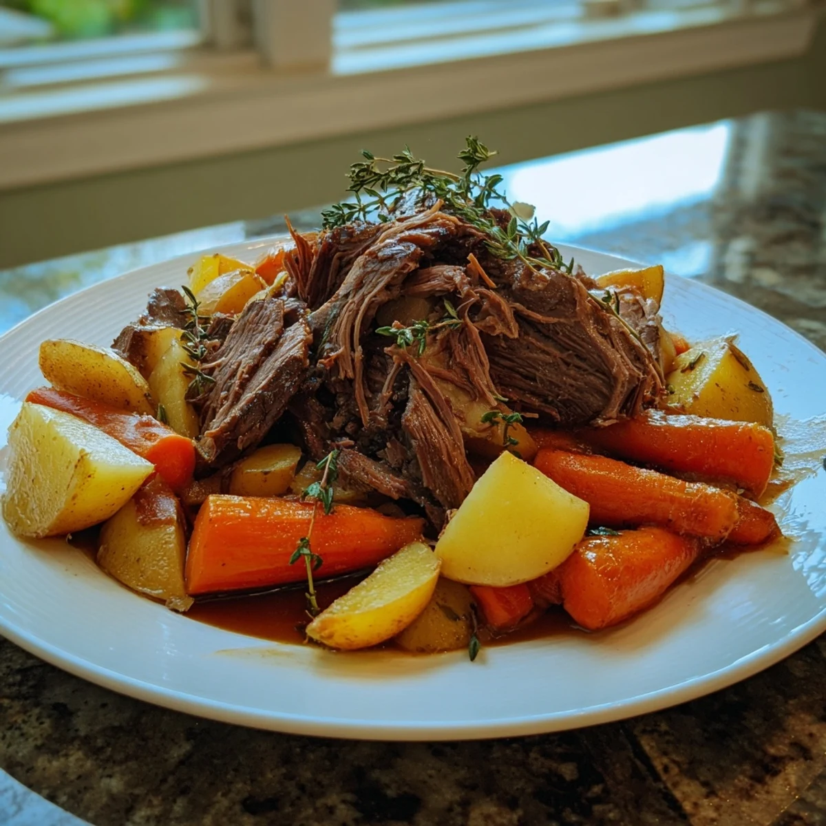 A hearty Slow-Roasted Beef Pot Roast with root vegetables, plated with rich, savory pan juices.