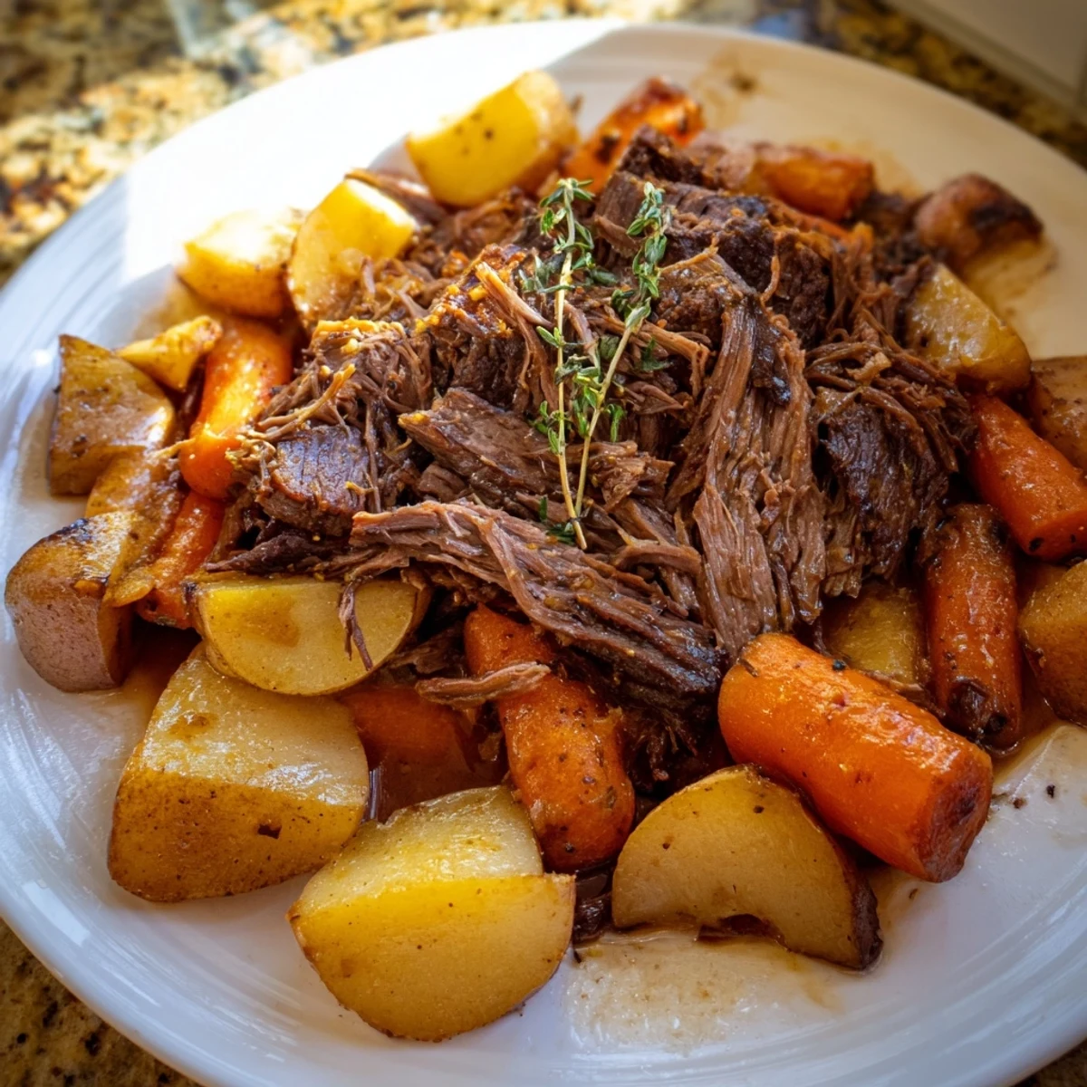 Fork-tender Slow-Roasted Beef Pot Roast surrounded by soft carrots, parsnips, and potatoes in a rustic Dutch oven.