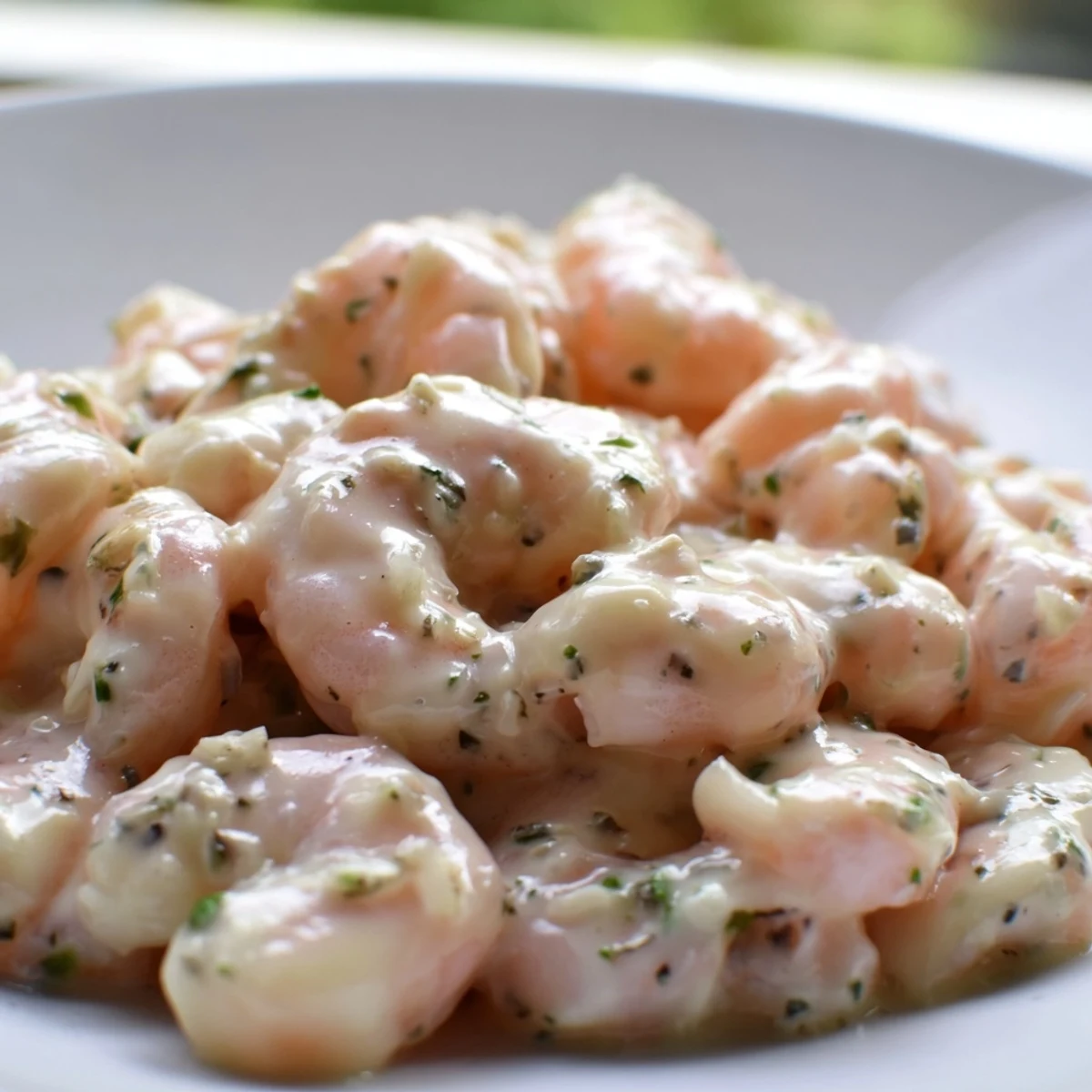 Plump, pink shrimp nestled in a velvety, garlic-infused cream sauce, served in a rustic bowl.  