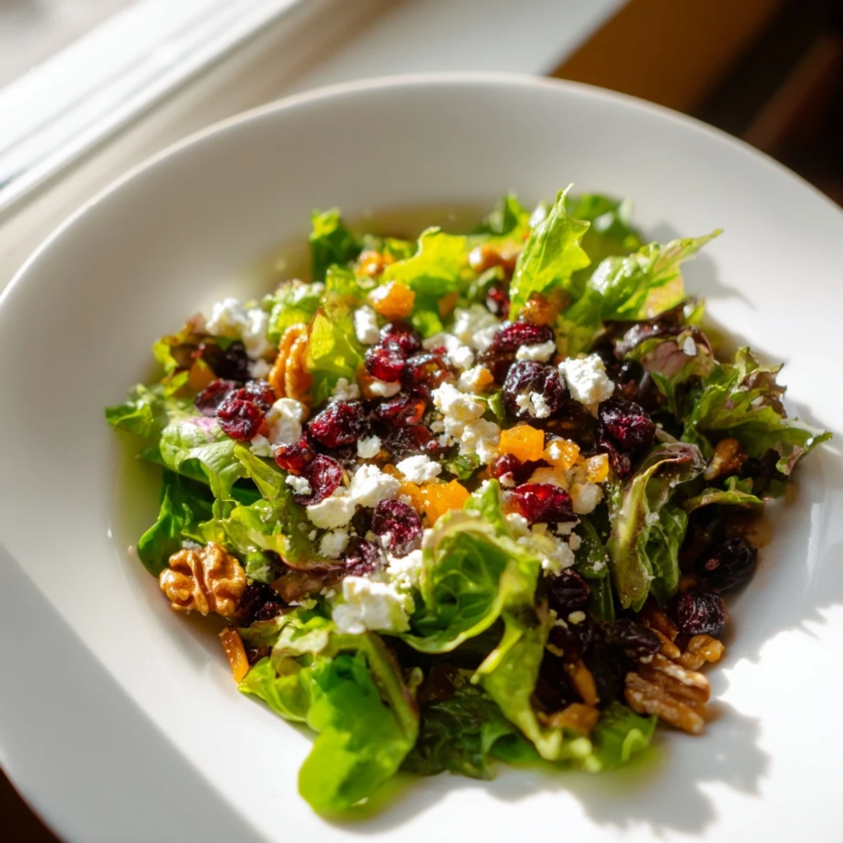 Freshly tossed Seasonal Cranberry and Walnut Celebration Salad with mixed greens, tart cranberries, and crunchy toasted walnuts, drizzled with a bright orange vinaigrette.