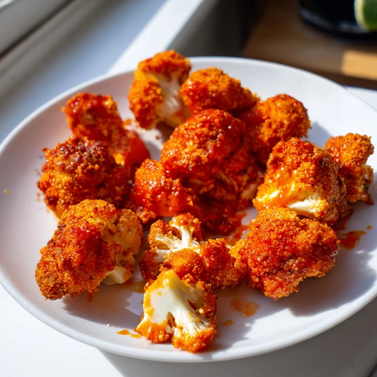 Freshly cooked vegetarian buffalo cauliflower bites with crunchy panko coating, tossed in buttery hot sauce, ready for a game-day snack or party appetizer.