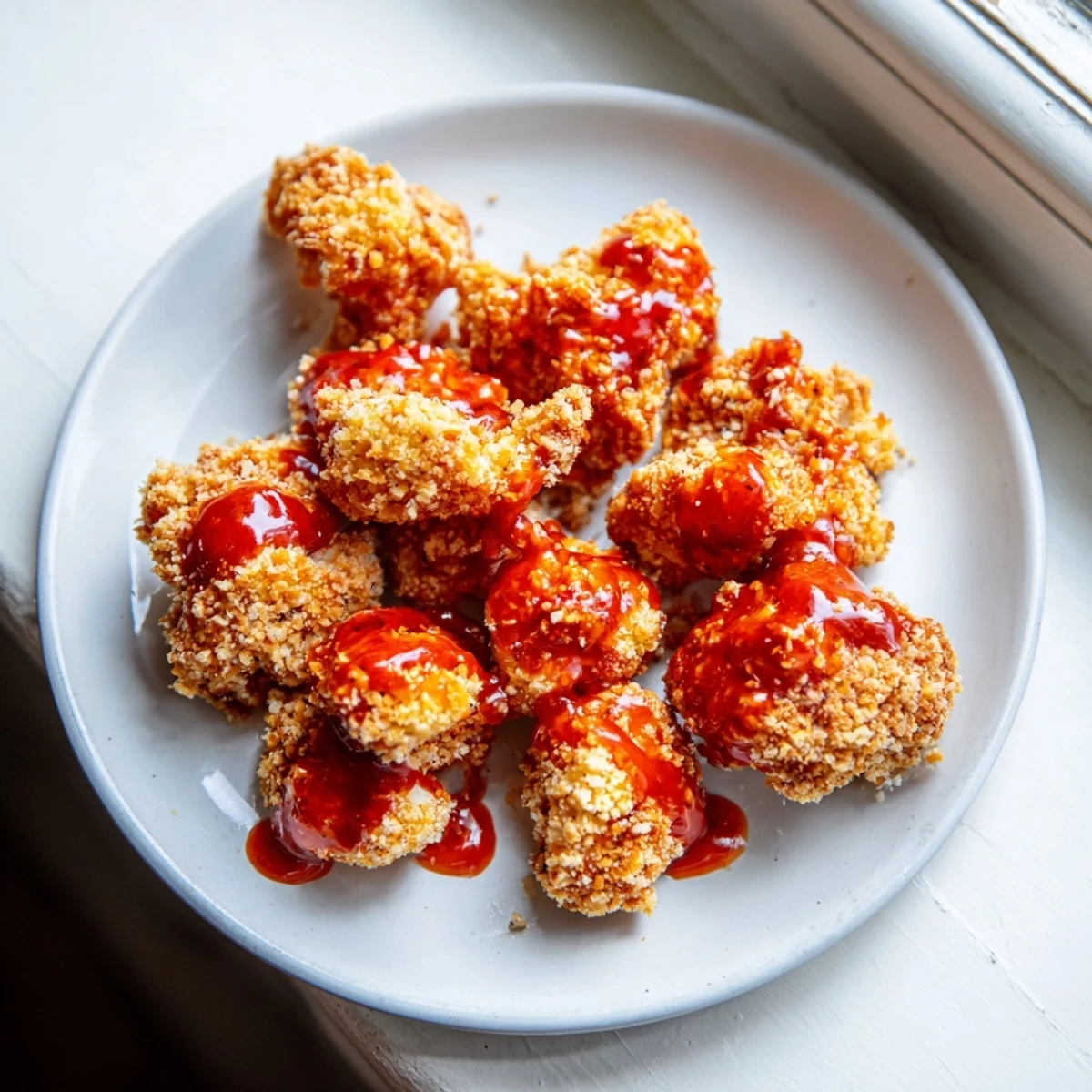 Golden-brown crispy air-fryer buffalo cauliflower bites glistening with tangy spicy sauce, served fresh with creamy blue cheese dip and crisp celery sticks.