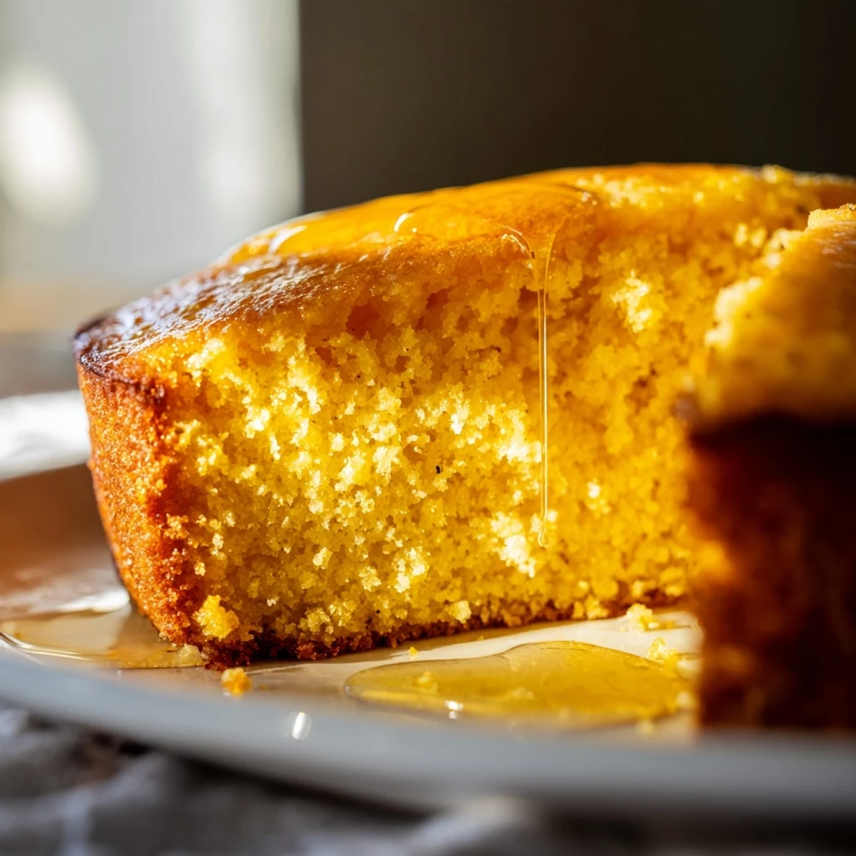 Golden-brown Quick Skillet Cornbread with Honey Butter Glaze, fresh from the oven and dripping with sweet glaze.  