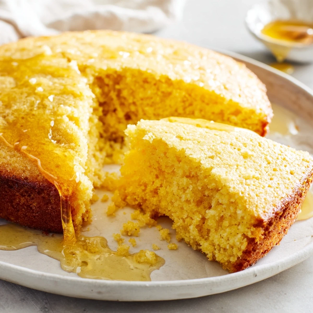 A slice of Quick Skillet Cornbread with Honey Butter Glaze served warm beside a steaming bowl of chili.  