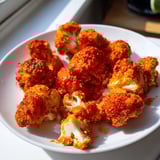 Freshly cooked vegetarian buffalo cauliflower bites with crunchy panko coating, tossed in buttery hot sauce, ready for a game-day snack or party appetizer.