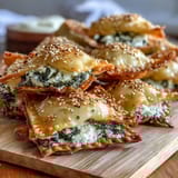 Freshly baked wonton cups stuffed with wilted spinach and creamy feta cheese appetizer bites.