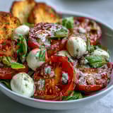 Serving suggestion for Caprese Salad Bowl: colorful heirloom tomatoes and creamy mozzarella tossed with basil and crunchy bread cubes.