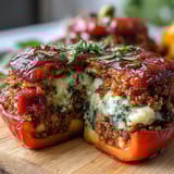 Vibrant stuffed bell peppers bursting with quinoa, herbs, and vegetables, baked until tender for a healthy vegetarian dinner.