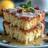 Bright lemon cake topped with zesty drizzle and colorful edible flowers, ideal for spring gatherings.