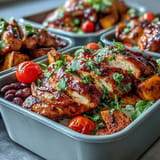 Flavorful BBQ chicken meal prep bowls featuring sweet potato, corn, and tomatoes.