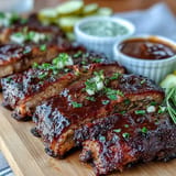 Juicy BBQ ribs with three dipping sauces, presented beautifully on a Father's Day board.