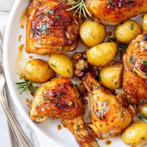 One-Pan Honey Garlic Chicken and Roasted Potatoes served golden brown with crispy herb-roasted potatoes.