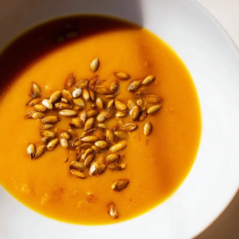 A bowl of creamy roasted pumpkin soup topped with toasted seeds, garnished with a swirl of cream and fresh herbs.