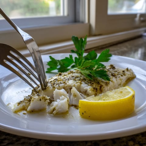 Golden-brown tilapia fillets and vibrant green beans roasted on a sheet pan, glistening with a zesty lemon-herb marinade.