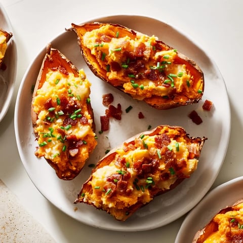 Golden Loaded Sweet Potato Skins with Bacon and Chives, showcasing crispy baked shells filled with creamy, cheesy mashed sweet potatoes.