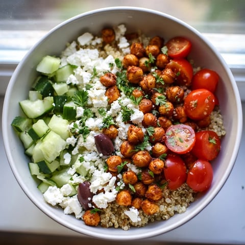 A close-up of a Mediterranean grain bowl with roasted chickpeas, crumbled feta, and fresh vegetables on a rustic table.  