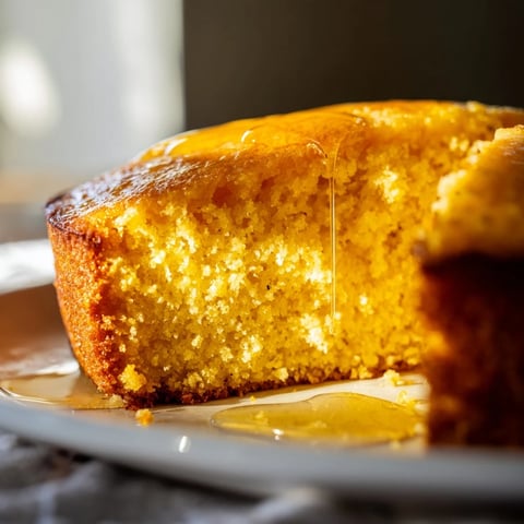 Golden-brown Quick Skillet Cornbread with Honey Butter Glaze, fresh from the oven and dripping with sweet glaze.  