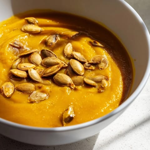 Velvety roasted pumpkin soup served in a rustic bowl, featuring toasted pumpkin seeds and a drizzle of olive oil.