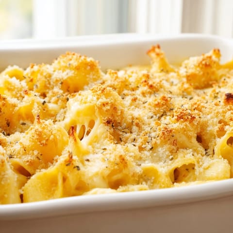 A spoon scoops into creamy, cheddar and Gruyère Classic Oven-Baked Macaroni and Cheese for a comforting family dinner.