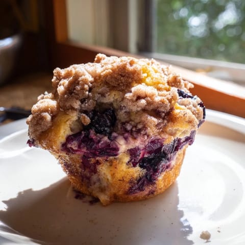 Freshly baked blueberry muffins with streusel topping, arranged on a cooling rack with morning sunlight for a cozy breakfast vibe.  